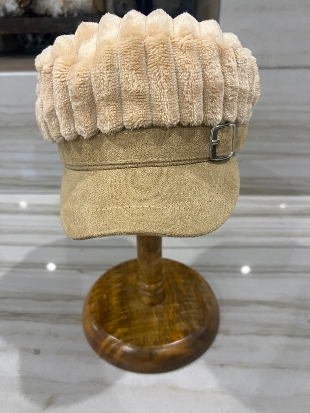 Beige Faux Suede & Plush Trim Women's Fashion Cap